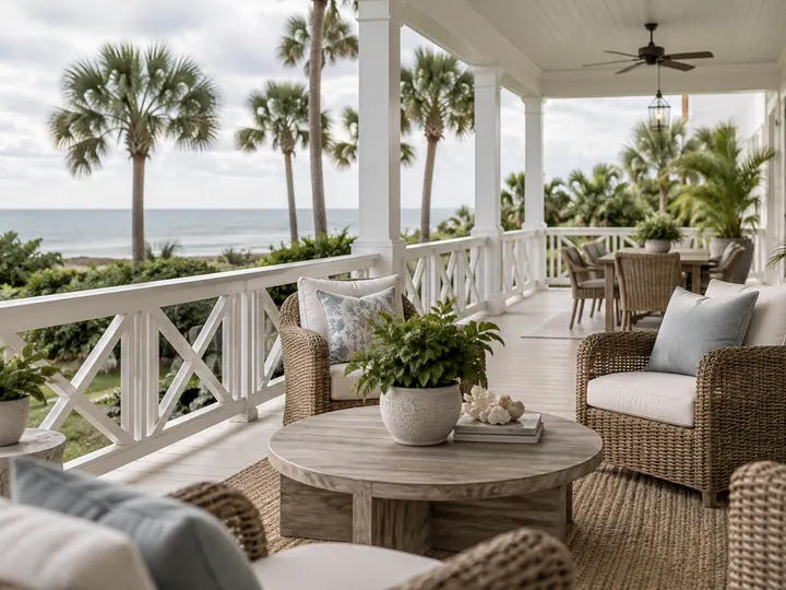 Illustrative coastal residence with a covered veranda, woven chairs and palms