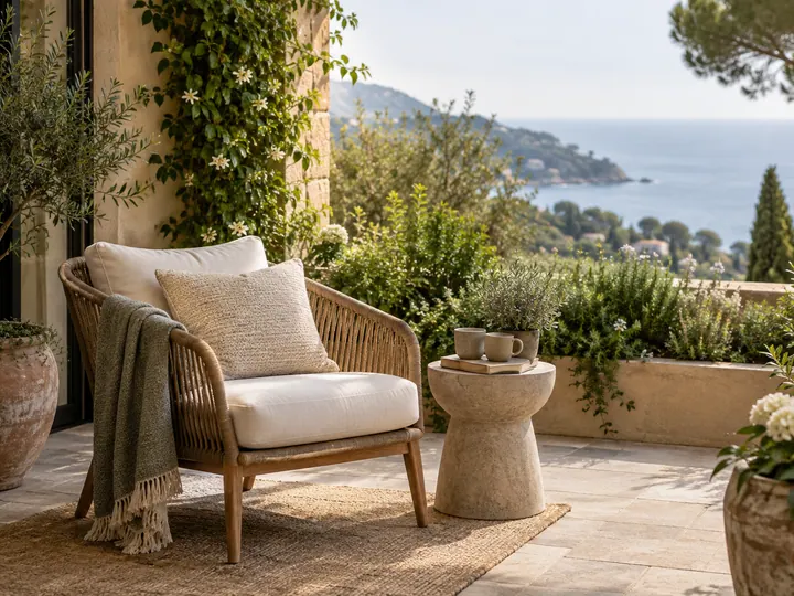 Illustrative sheltered terrace with a reading chair, planted borders and a partial ocean view