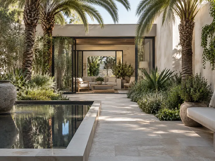 Illustrative residential courtyard with a limestone path, palms and a quiet lounge