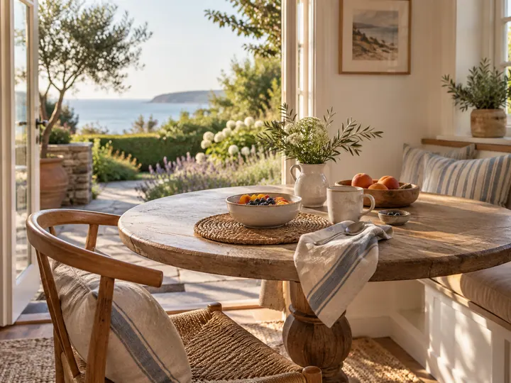 Illustrative coastal breakfast nook opening to a garden, with a table set for one