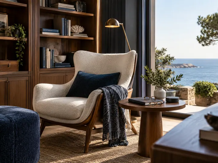 Illustrative private library sitting room with an ocean view and a comfortable chair