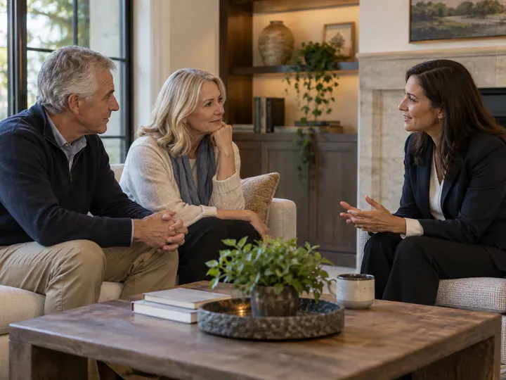 Illustrative family consultation with three adults seated at the same level in a private room