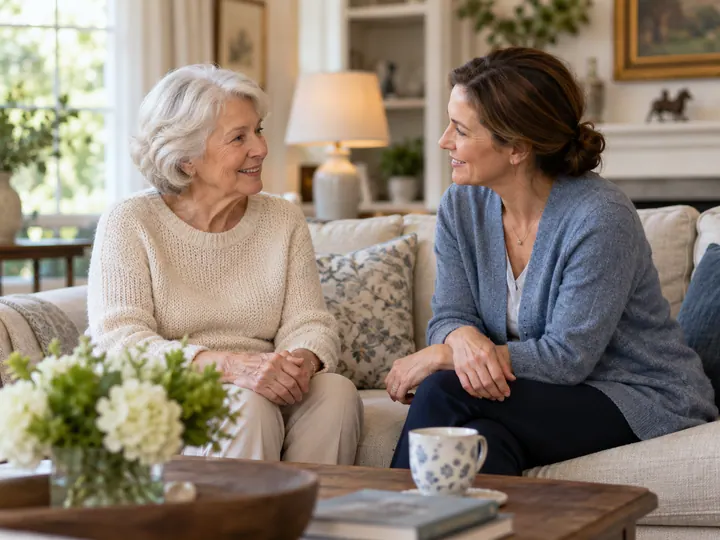 Illustrative private conversation between two adults in a comfortable home sitting room