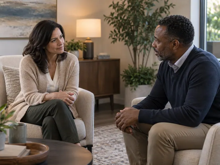 Illustrative one-on-one conversation between two adults in a private sitting room