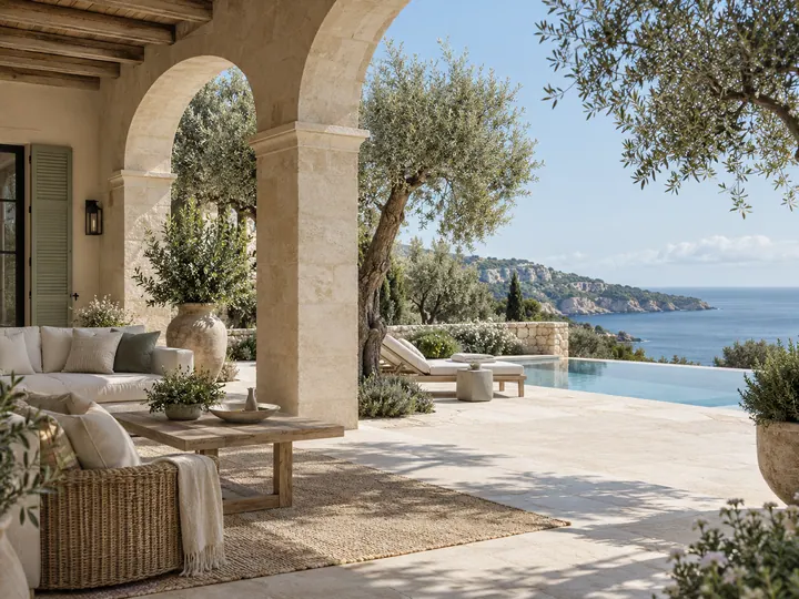 Illustrative Mediterranean-style coastal residence with a stone loggia and olive trees