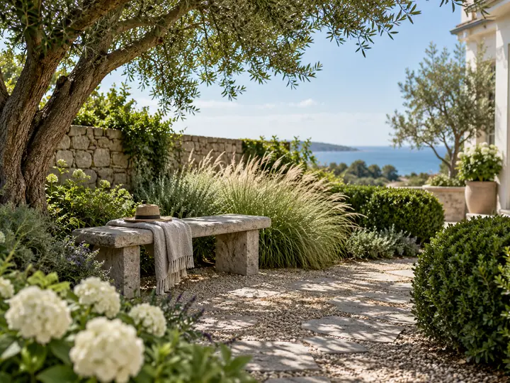 Illustrative private garden with a stone bench and sheltered planting