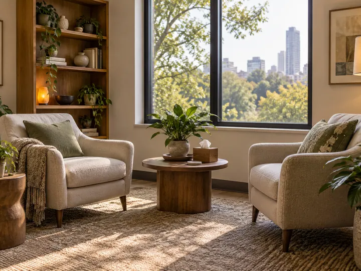 Illustrative private counseling office with two armchairs and a tree-facing window
