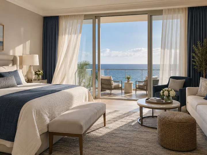 Illustrative private bedroom with a balcony, a separate lounge area and an ocean view