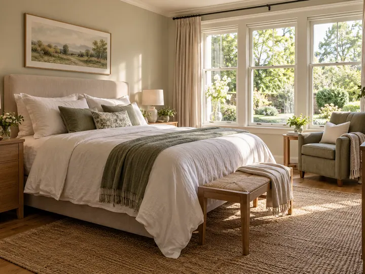 Illustrative residential guest suite with linen bedding and a garden-facing reading chair