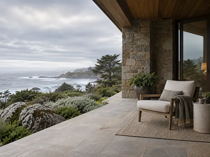 Illustrative secluded cedar-and-stone residence with a sheltered coastal terrace