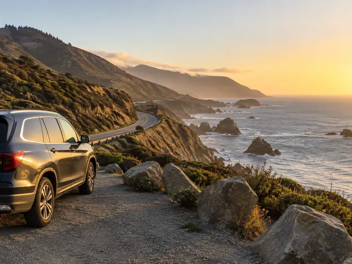 Illustrative coastal road and ocean overlook with a parked vehicle