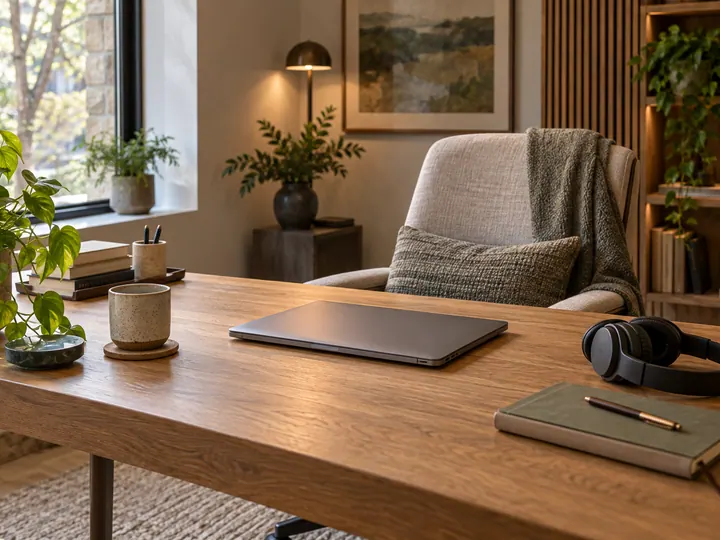 Illustrative quiet home office with a laptop and headphones on an oak desk
