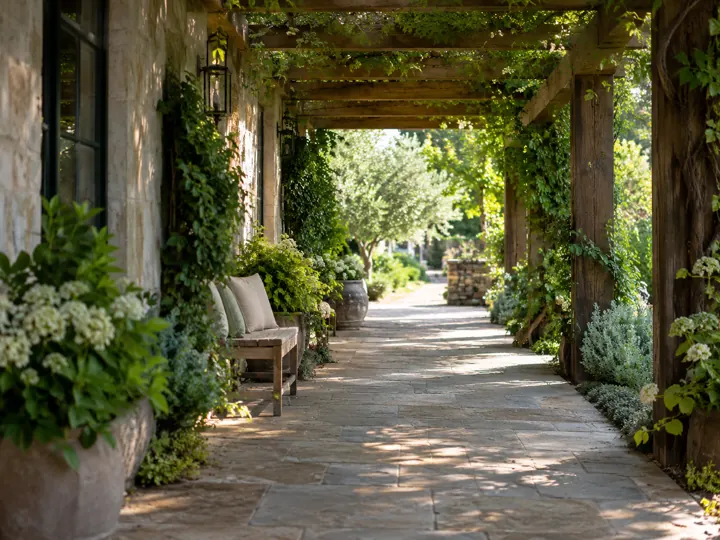 Sheltered stone walkway beneath a leafy timber pergola