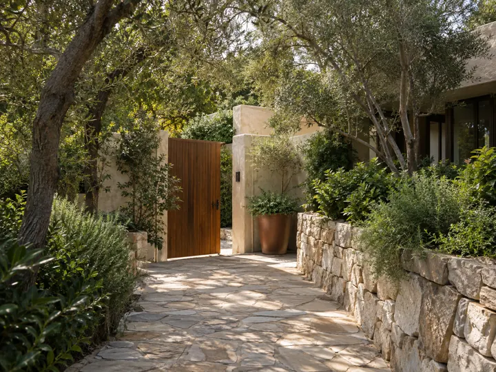 Wooden entrance gate surrounded by mature greenery