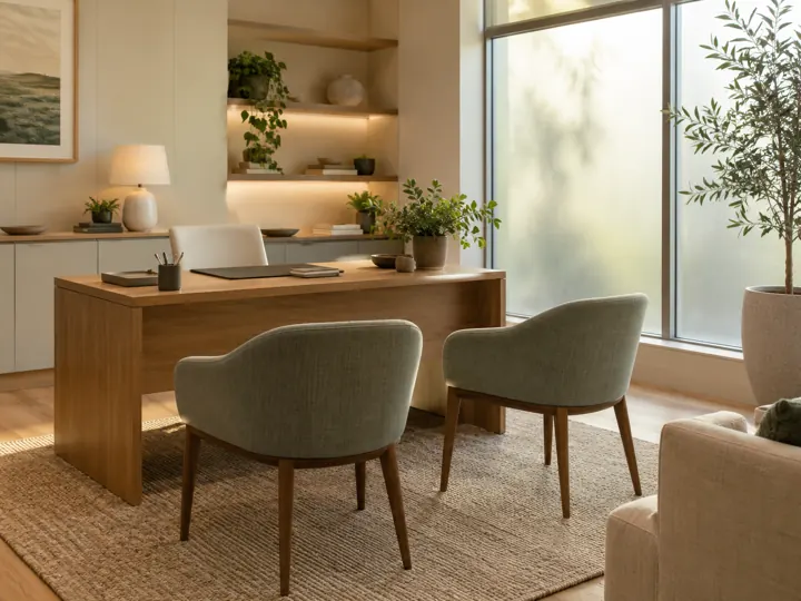 Tidy consultation desk and visitor chairs beside a frosted window