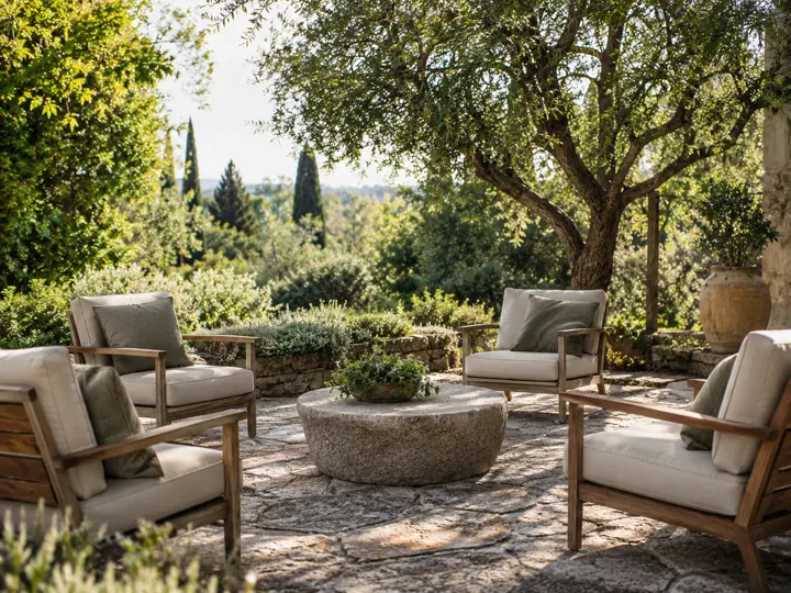 Four cushioned garden chairs around a low stone table
