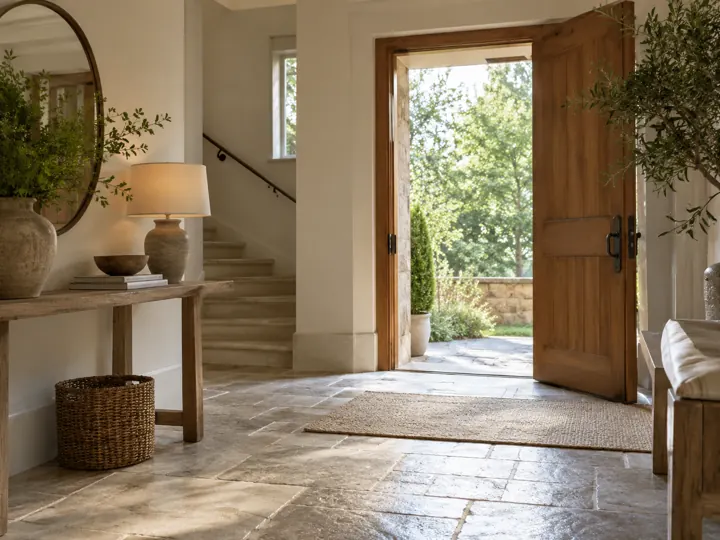 Warm entry hall with an open timber door and stone floor