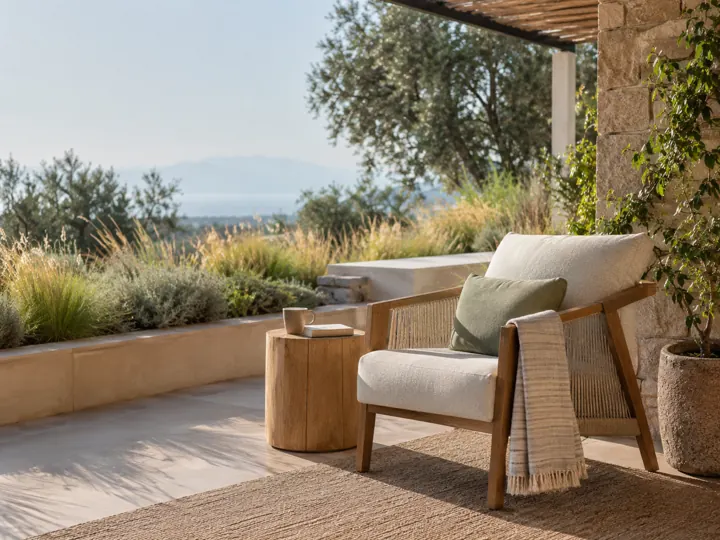 Single reading chair on a shaded private terrace