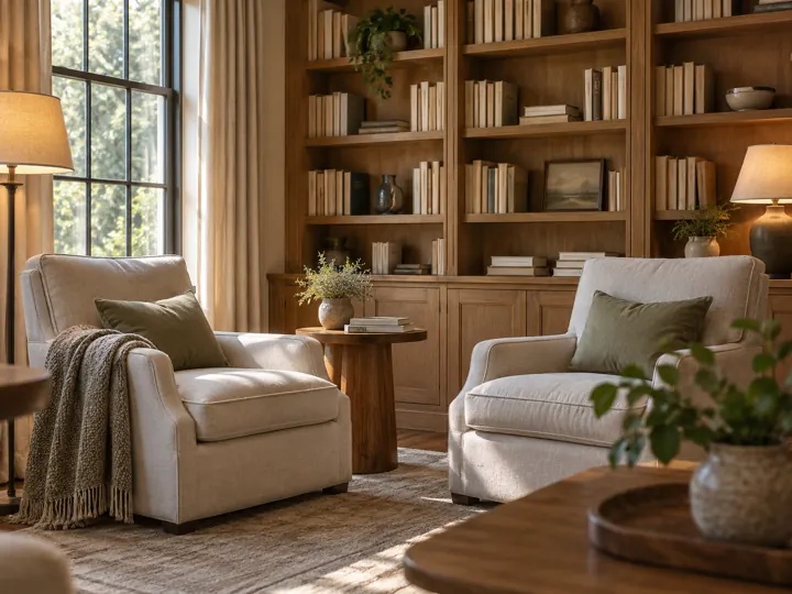 Two comfortable chairs in a warm room lined with bookshelves