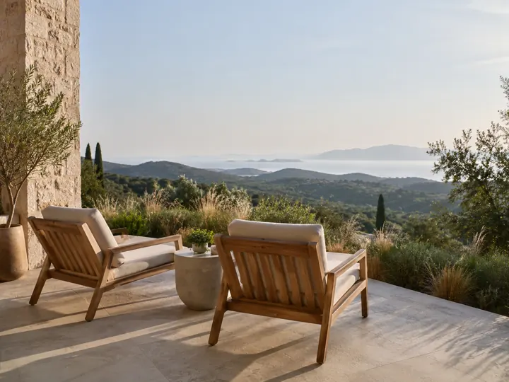 Two terrace chairs facing a distant horizon