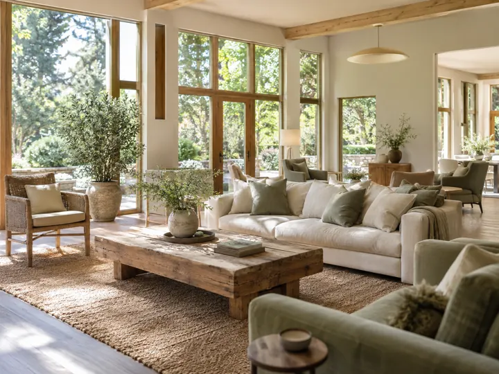 Airy living room with linen sofa and tall garden windows