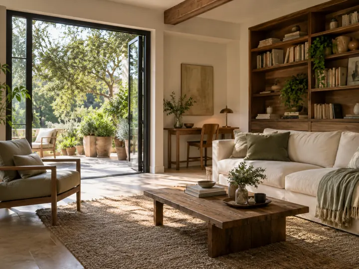 Living room and study opening onto a leafy terrace