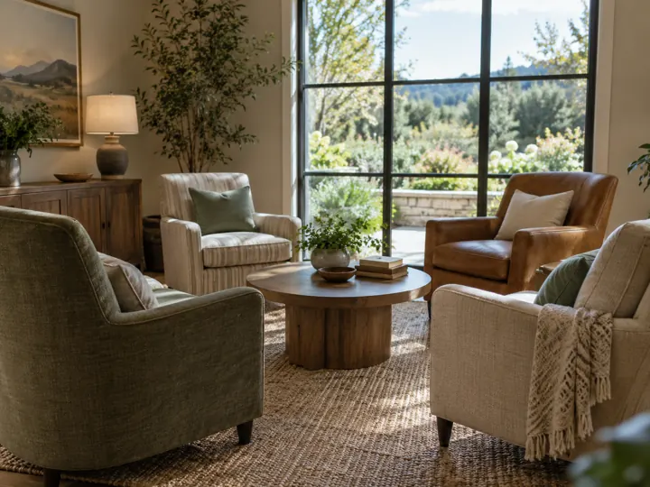 Four armchairs around a round table in a garden-facing lounge