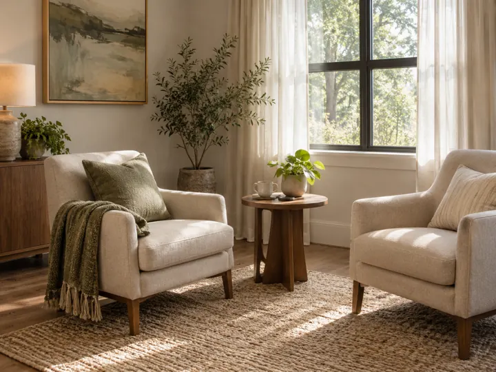 Two upholstered chairs beside a sunlit window