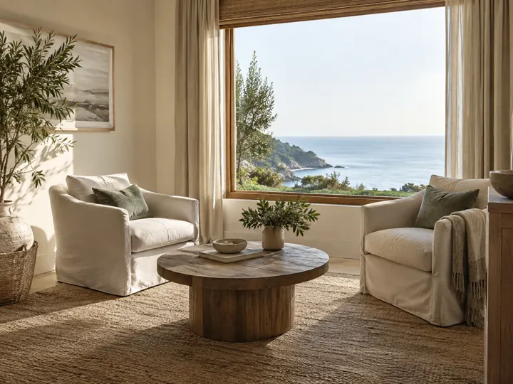Two linen armchairs in a light-filled room overlooking the sea