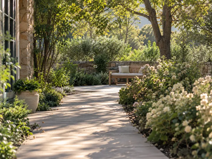 Smooth garden path leading to a cushioned wooden bench